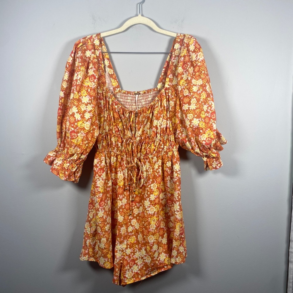 Free People Show Me Love Floral Romper Small Orange Smocked Puff Sleeve Boho